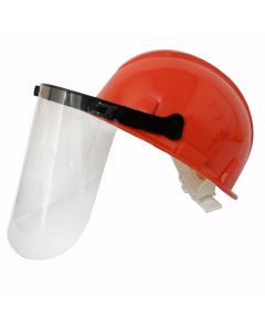 CASCO INDUSTRIAL NARANJA CON PROTECCION FACIAL PANTALLA ESTIRENO Y AJUSTE CON CORREA